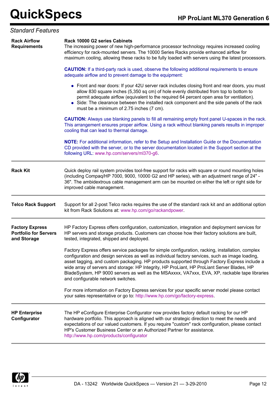 Quickspecs, Hp proliant ml370 generation 6 standard features | HP ProLiant ML370 User Manual | Page 12 / 50