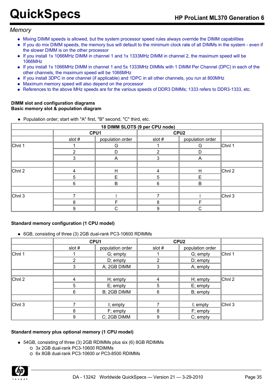Quickspecs | HP ProLiant ML370 User Manual | Page 35 / 50