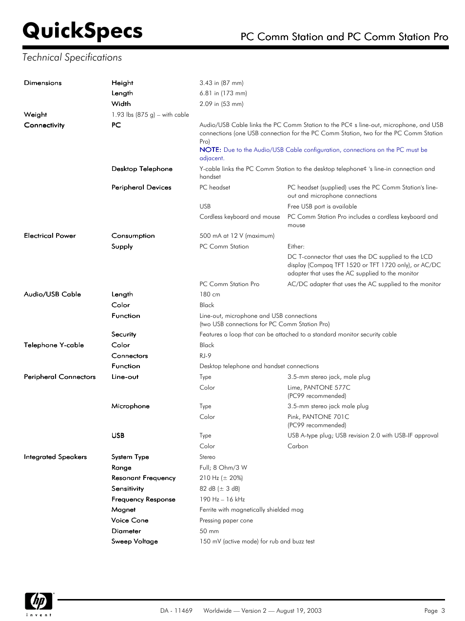 Technical specifications, Quickspecs, Pc comm station and pc comm station pro | HP PC Comm Station Pro P8814A (Europe User Manual | Page 3 / 5