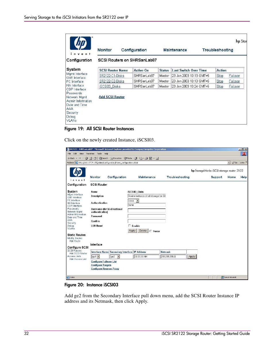 Figure 19: all scsi router instances, Figure 20: instance iscsi03 | HP ISCSI SR2122 User Manual | Page 32 / 66