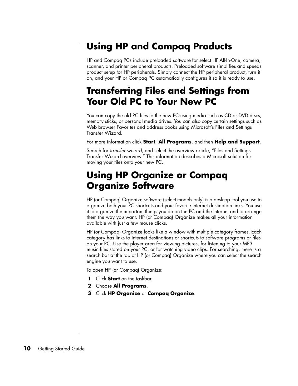 Using hp and compaq products, Using hp organize or compaq organize software | HP PC User Manual | Page 16 / 120