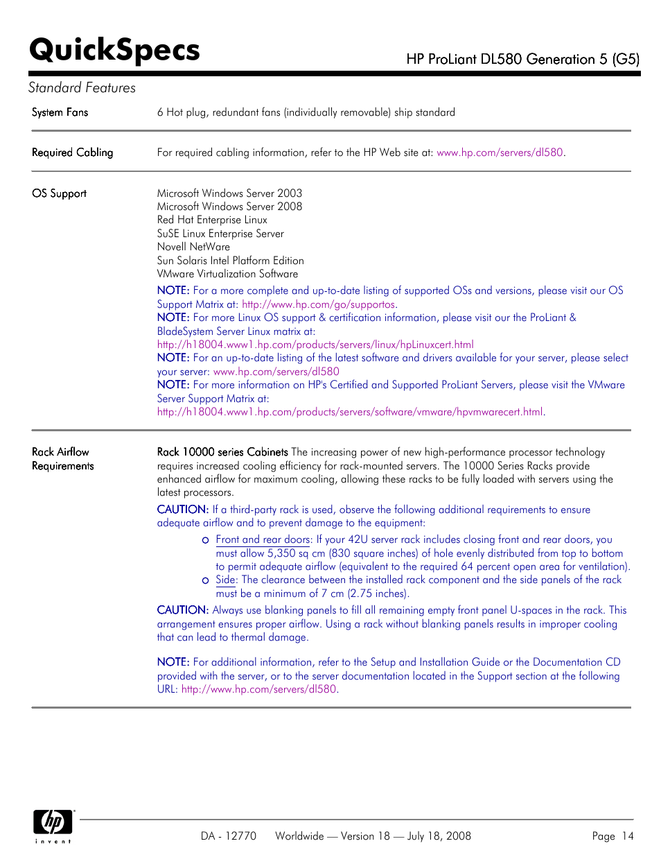 Quickspecs | HP Proliant DL580 User Manual | Page 14 / 53