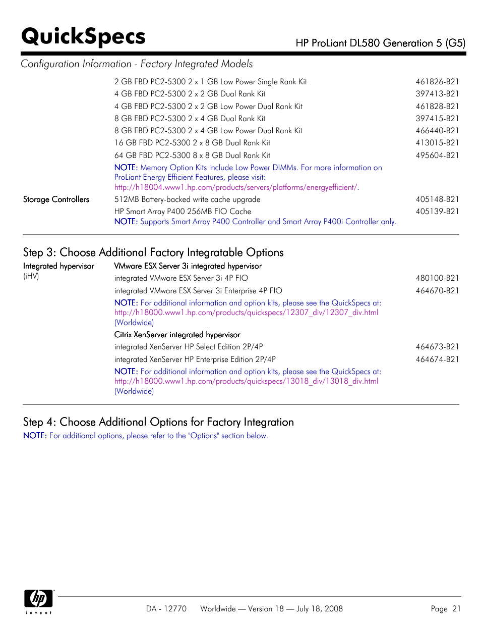 Quickspecs | HP Proliant DL580 User Manual | Page 21 / 53