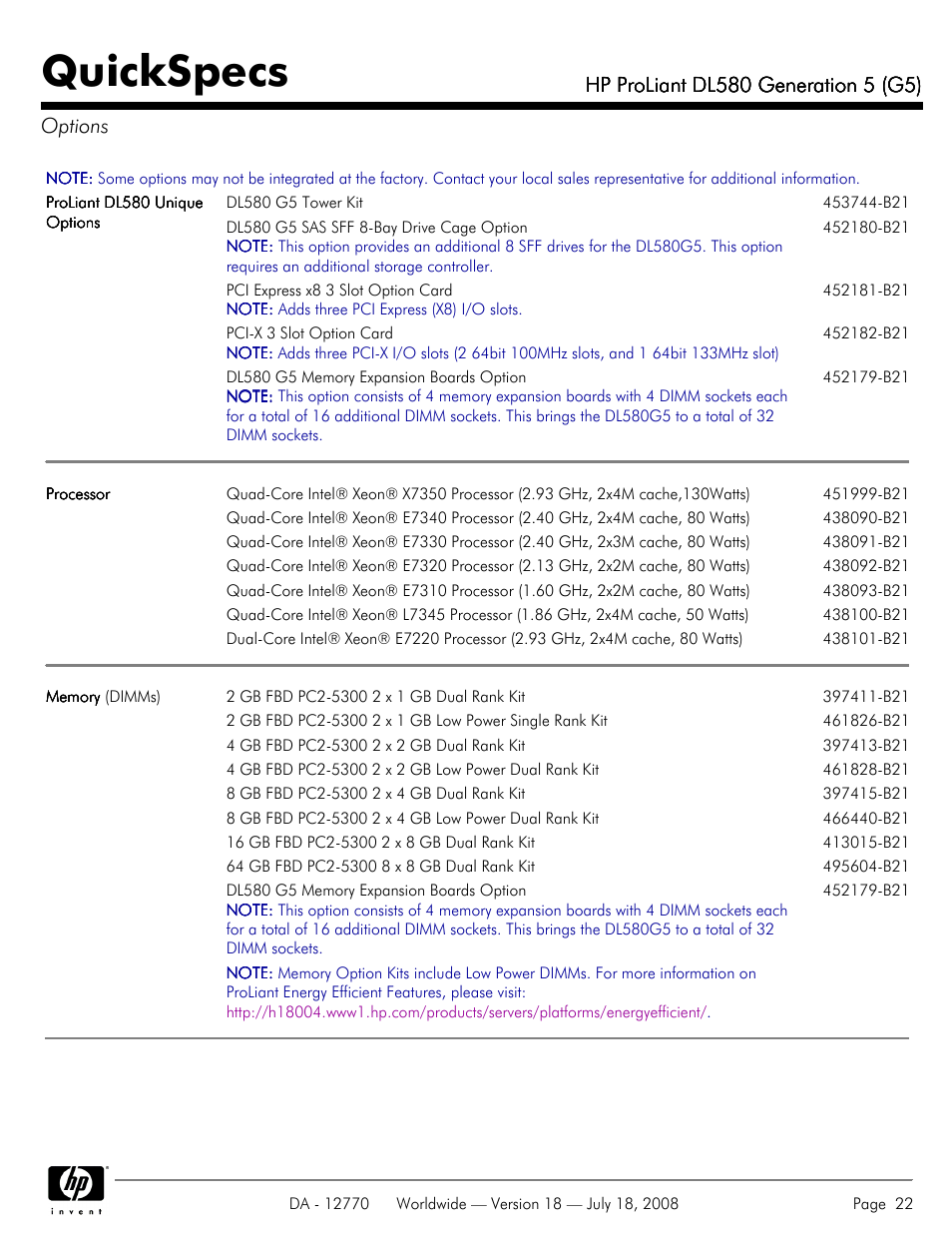 Options, Quickspecs | HP Proliant DL580 User Manual | Page 22 / 53