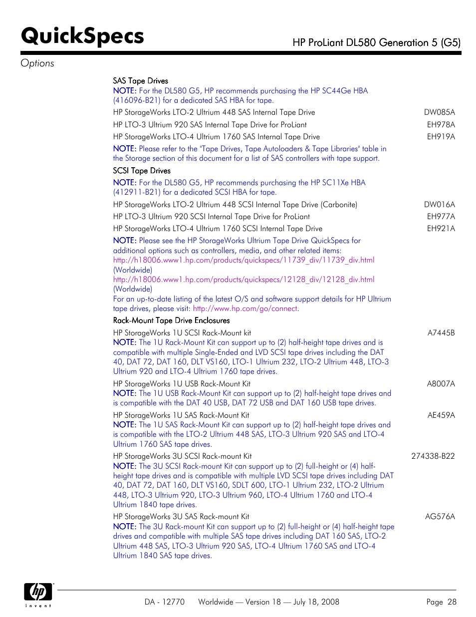 Quickspecs | HP Proliant DL580 User Manual | Page 28 / 53