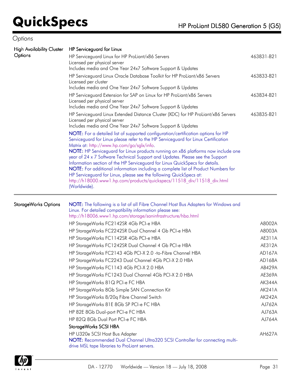 Quickspecs | HP Proliant DL580 User Manual | Page 31 / 53
