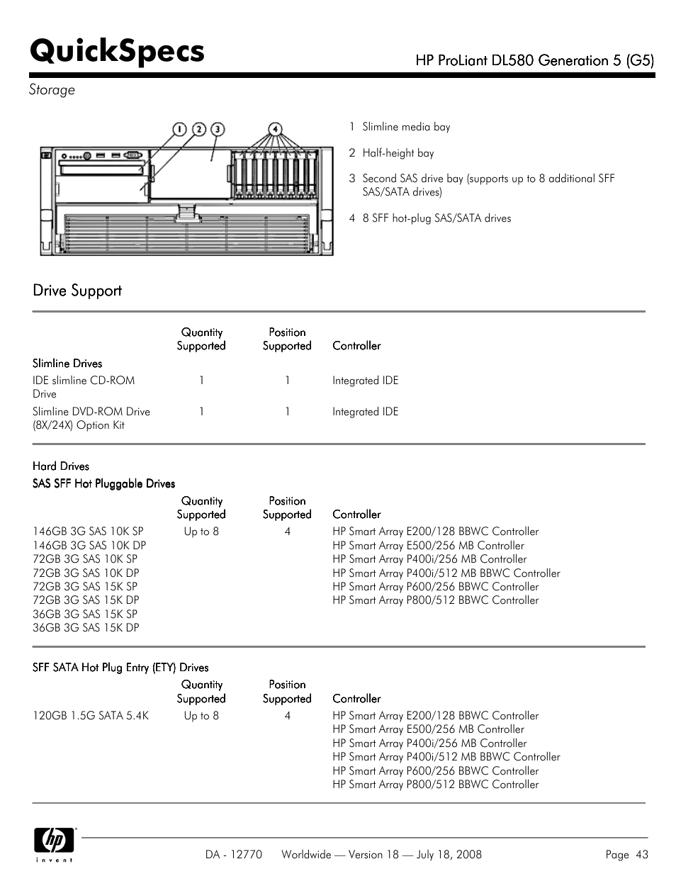 Storage, Quickspecs, Drive support | HP Proliant DL580 User Manual | Page 43 / 53