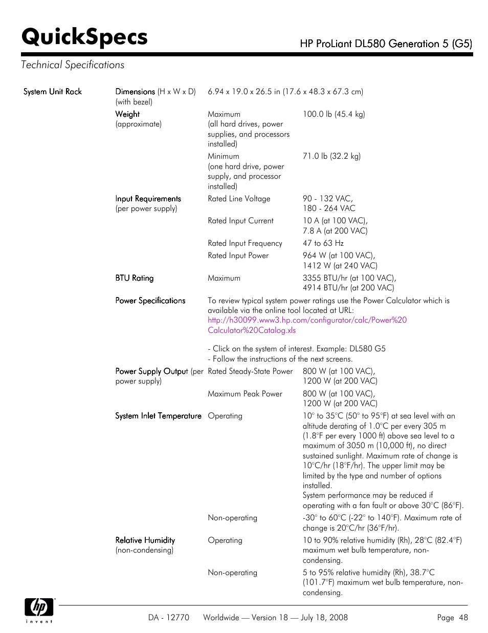Technical specifications, Quickspecs | HP Proliant DL580 User Manual | Page 48 / 53