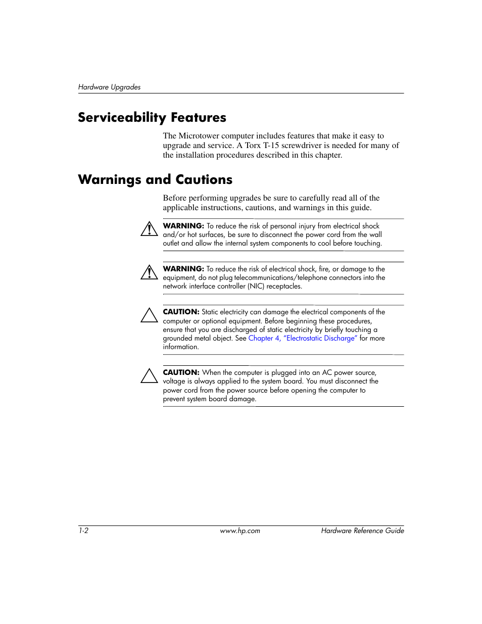 Serviceability features, Warnings and cautions | HP DX2200 User Manual | Page 6 / 31
