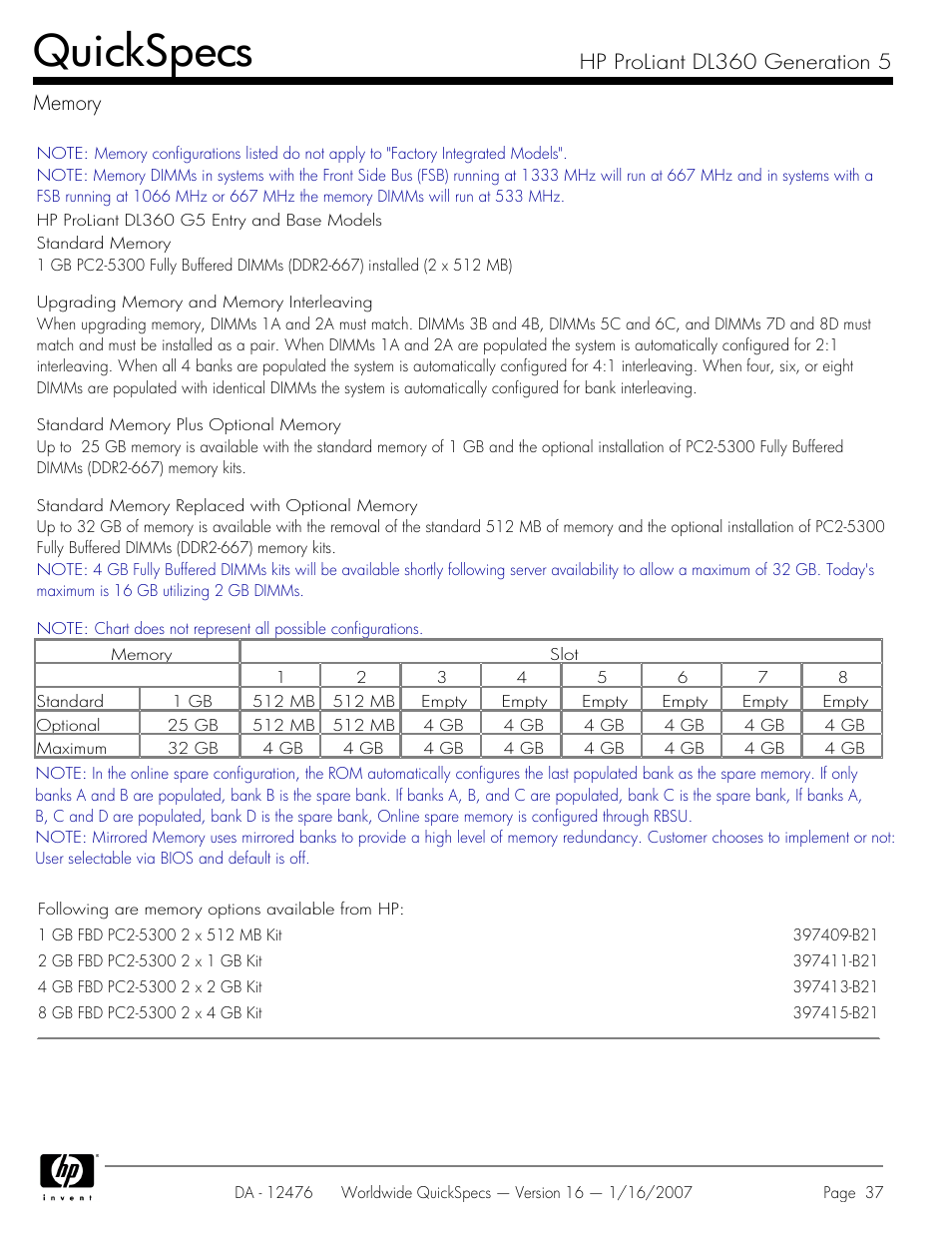 Memory, Quickspecs | HP ProLiant DL360 User Manual | Page 37 / 49