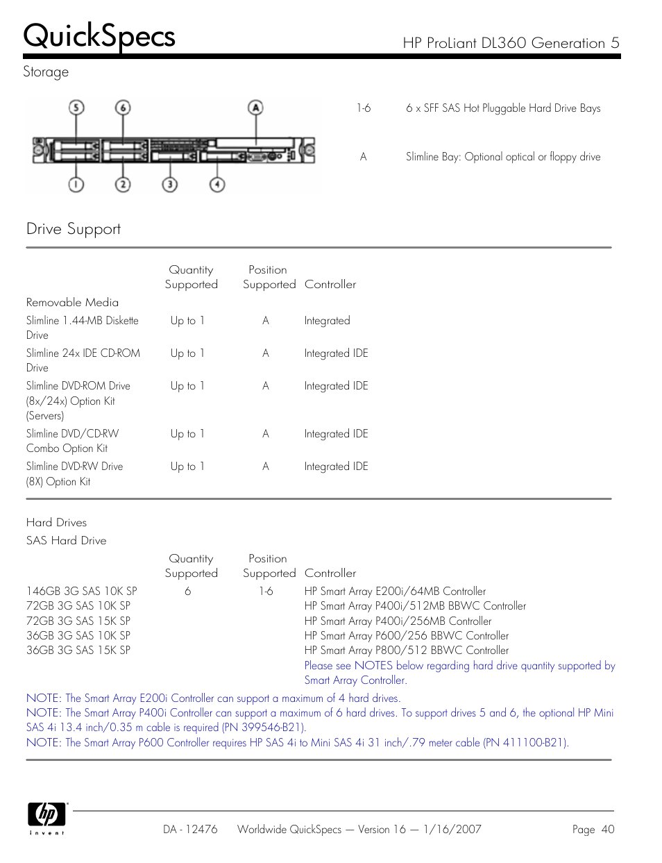 Storage, Quickspecs, Drive support | Hp proliant dl360 generation 5 storage | HP ProLiant DL360 User Manual | Page 40 / 49