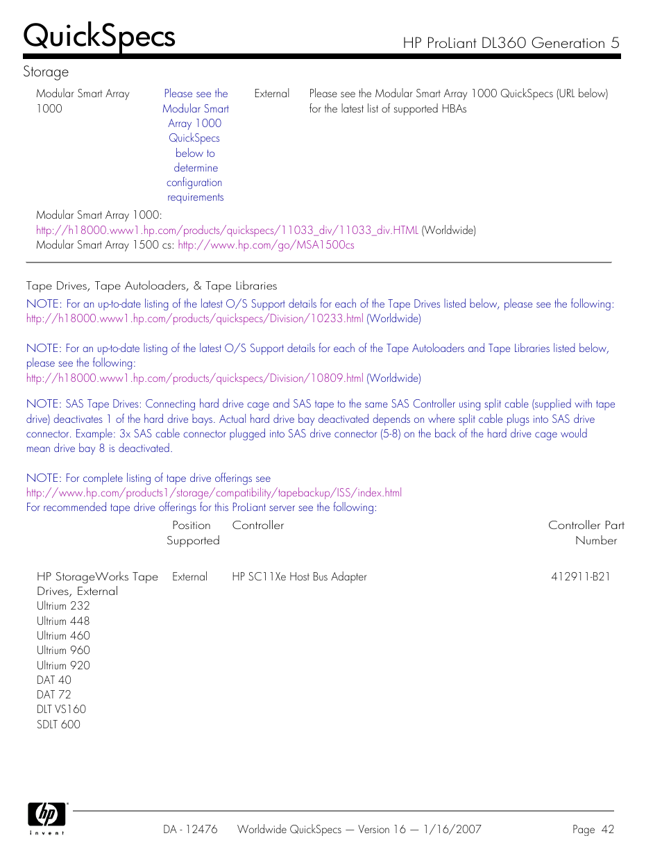 Quickspecs, Hp proliant dl360 generation 5 storage | HP ProLiant DL360 User Manual | Page 42 / 49