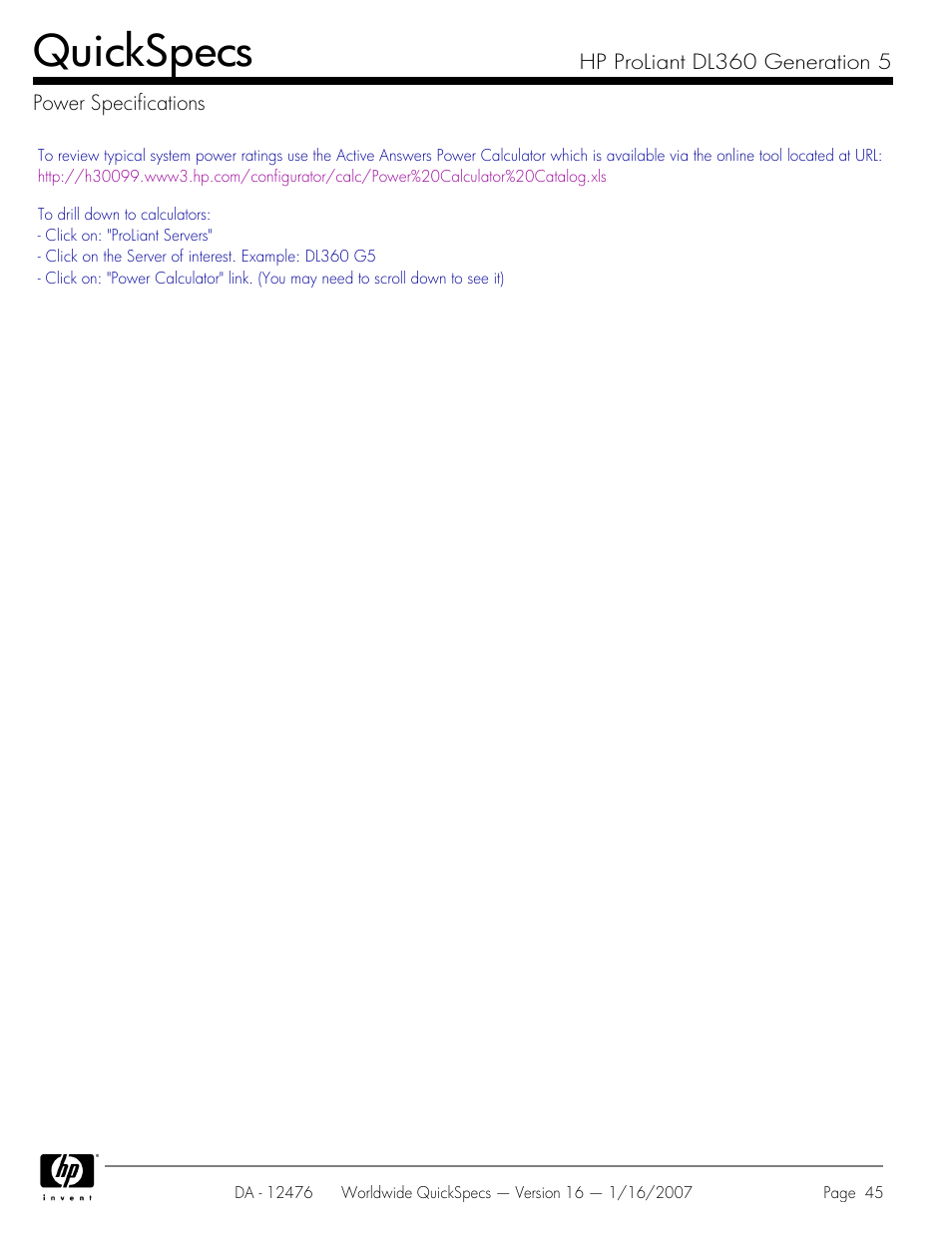 Power specifications, Quickspecs | HP ProLiant DL360 User Manual | Page 45 / 49