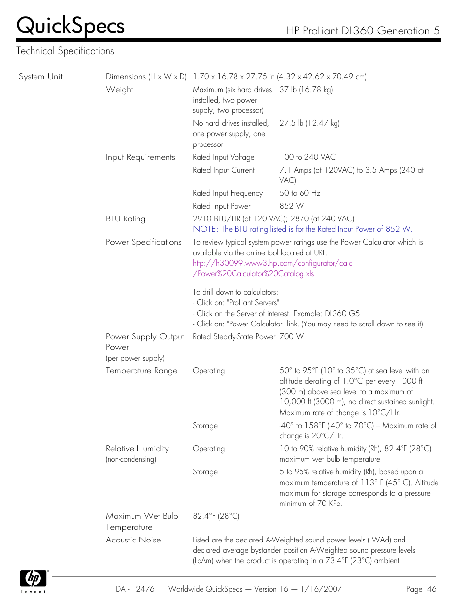 Technical specifications, Quickspecs | HP ProLiant DL360 User Manual | Page 46 / 49