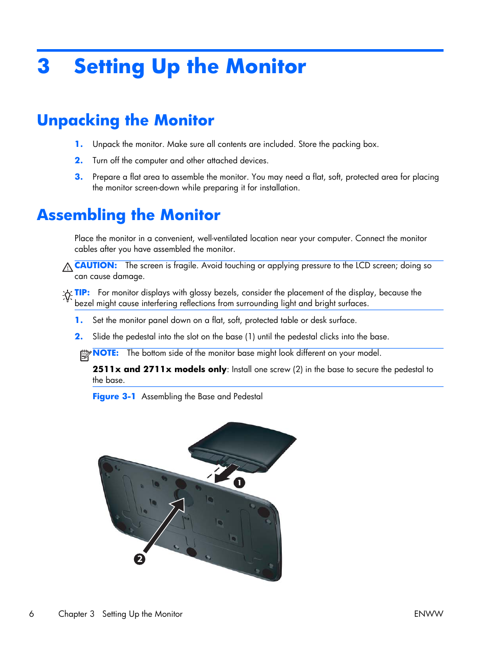 Setting up the monitor, Unpacking the monitor, Assembling the monitor | 3 setting up the monitor, Unpacking the monitor assembling the monitor | HP 2011S User Manual | Page 12 / 47