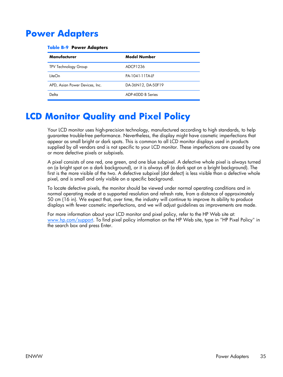 Power adapters, Lcd monitor quality and pixel policy | HP 2011S User Manual | Page 41 / 47