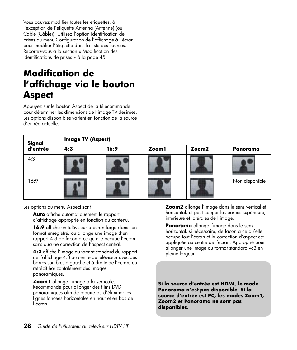 Modification de l’affichage via le bouton aspect | HP LT3700 User Manual | Page 104 / 200