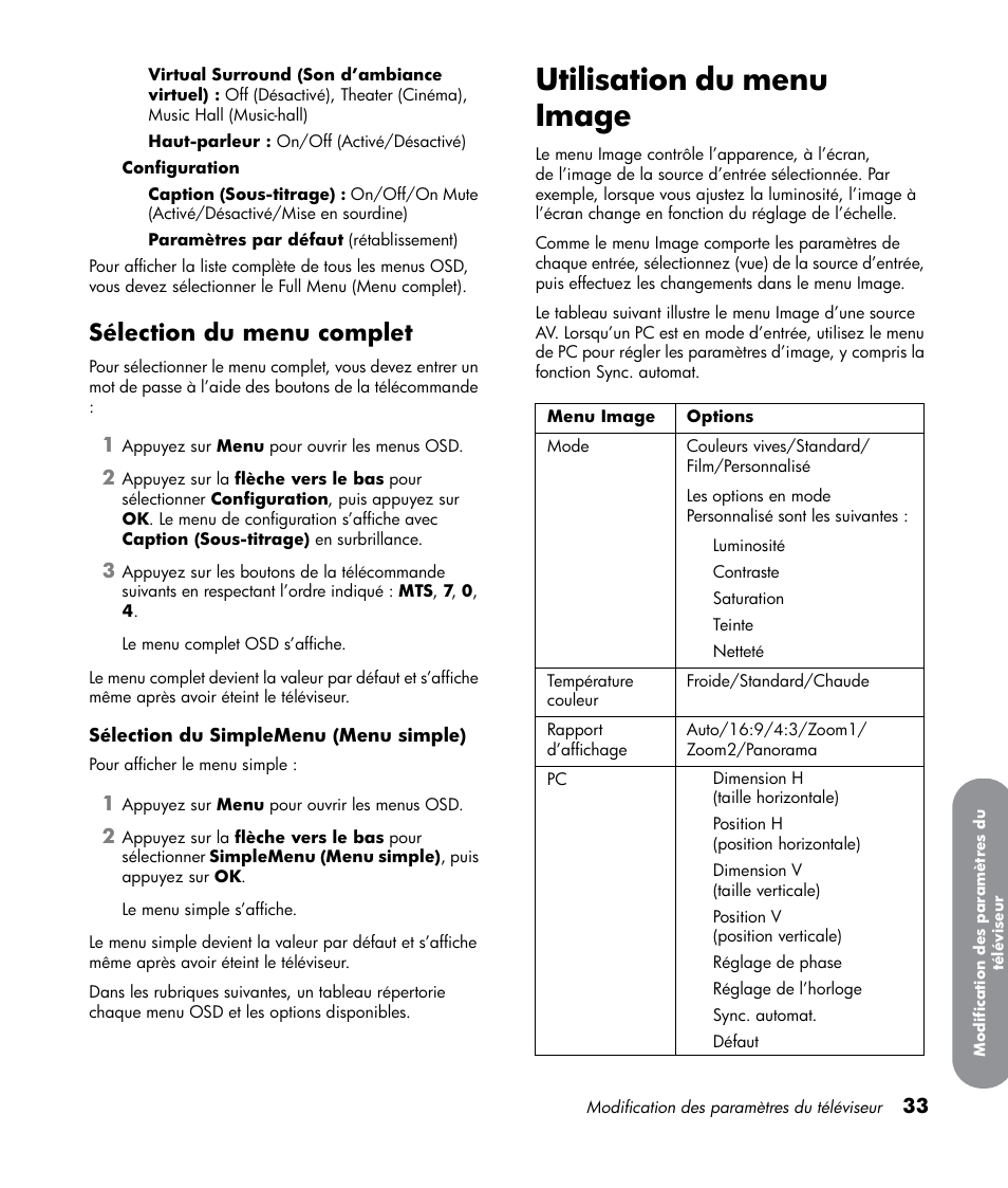 Sélection du menu complet, Utilisation du menu image | HP LT3700 User Manual | Page 109 / 200