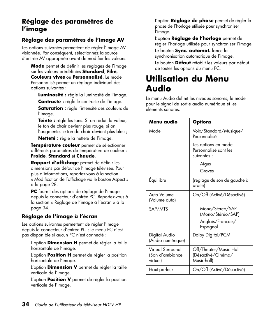 Réglage des paramètres de l’image, Utilisation du menu audio | HP LT3700 User Manual | Page 110 / 200