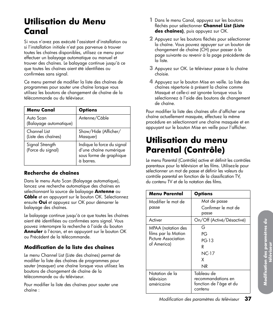 Utilisation du menu canal, Utilisation du menu parental (contrôle) | HP LT3700 User Manual | Page 113 / 200