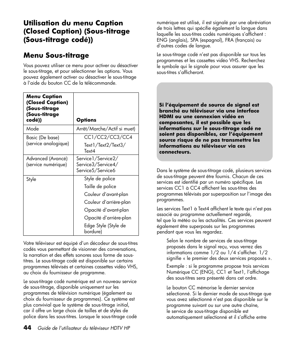 Menu sous-titrage | HP LT3700 User Manual | Page 120 / 200
