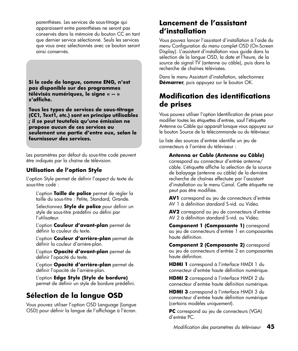 Sélection de la langue osd, Lancement de l’assistant d’installation, Modification des identifications de prises | HP LT3700 User Manual | Page 121 / 200