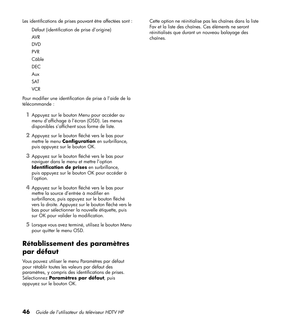 Rétablissement des paramètres par défaut | HP LT3700 User Manual | Page 122 / 200