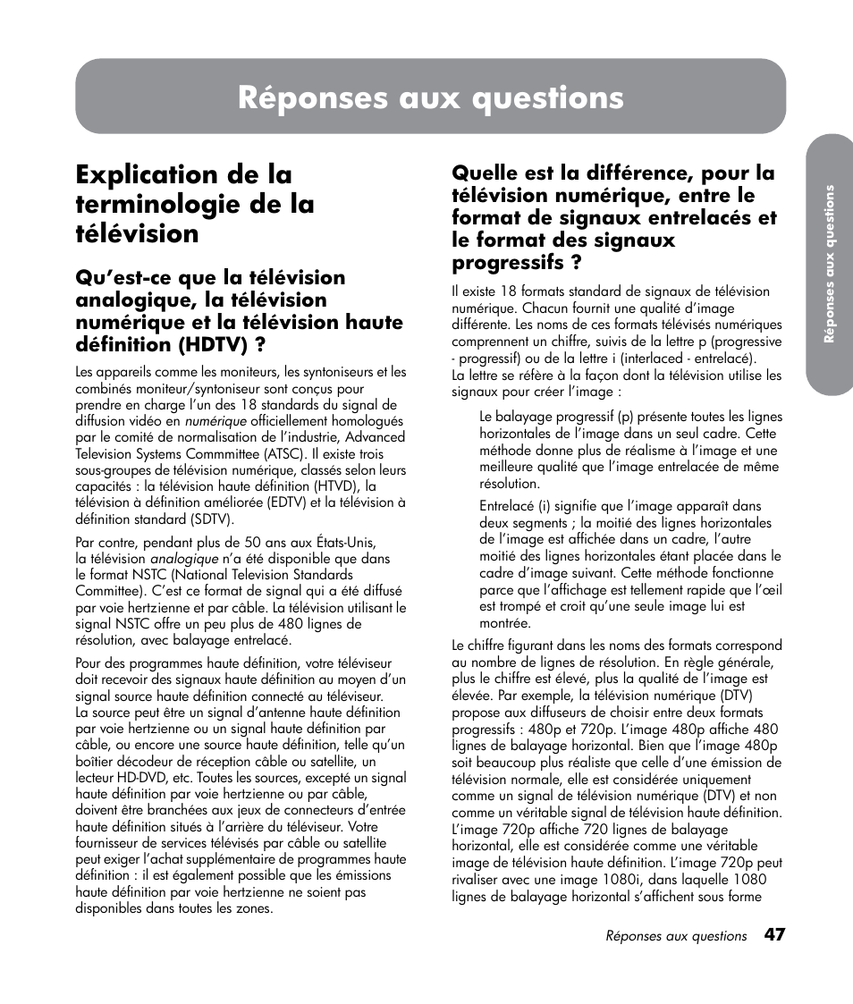 Réponses aux questions, Explication de la terminologie de la télévision | HP LT3700 User Manual | Page 123 / 200