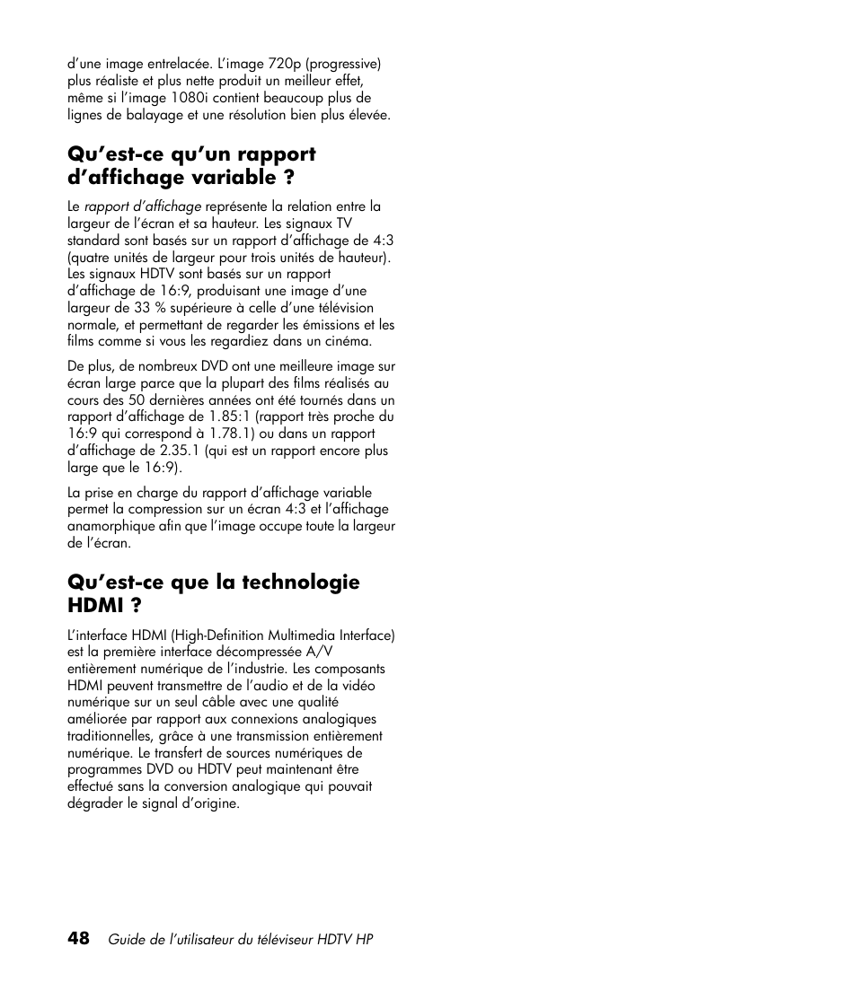 Qu’est-ce qu’un rapport d’affichage variable, Qu’est-ce que la technologie hdmi | HP LT3700 User Manual | Page 124 / 200