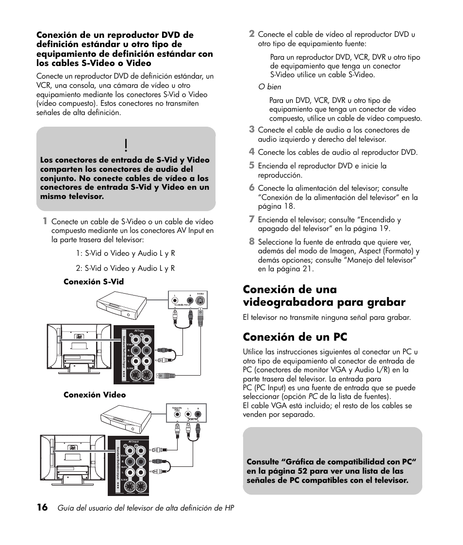 Conexión de una videograbadora para grabar, Conexión de un pc | HP LT3700 User Manual | Page 160 / 200