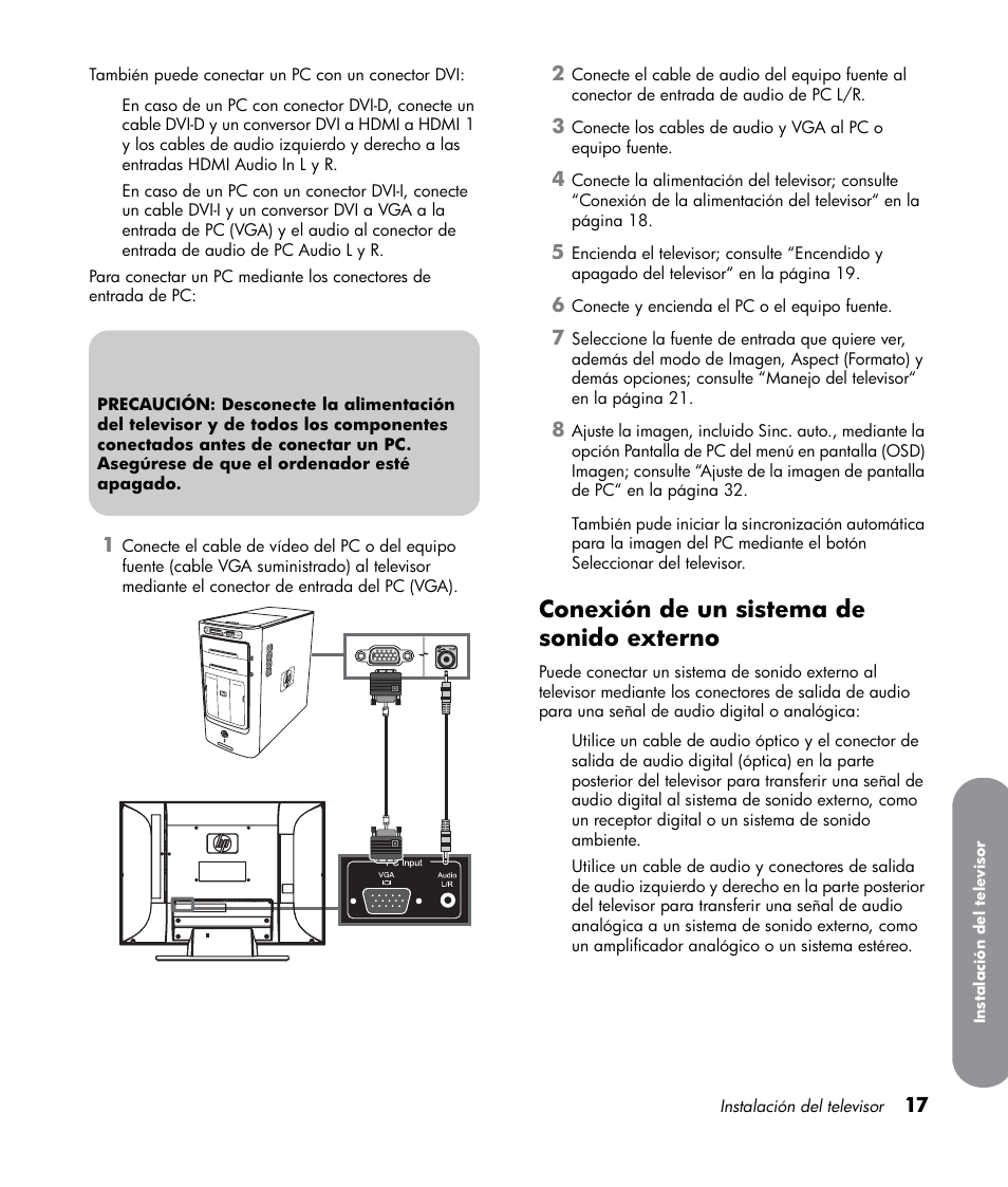 Conexión de un sistema de sonido externo | HP LT3700 User Manual | Page 161 / 200