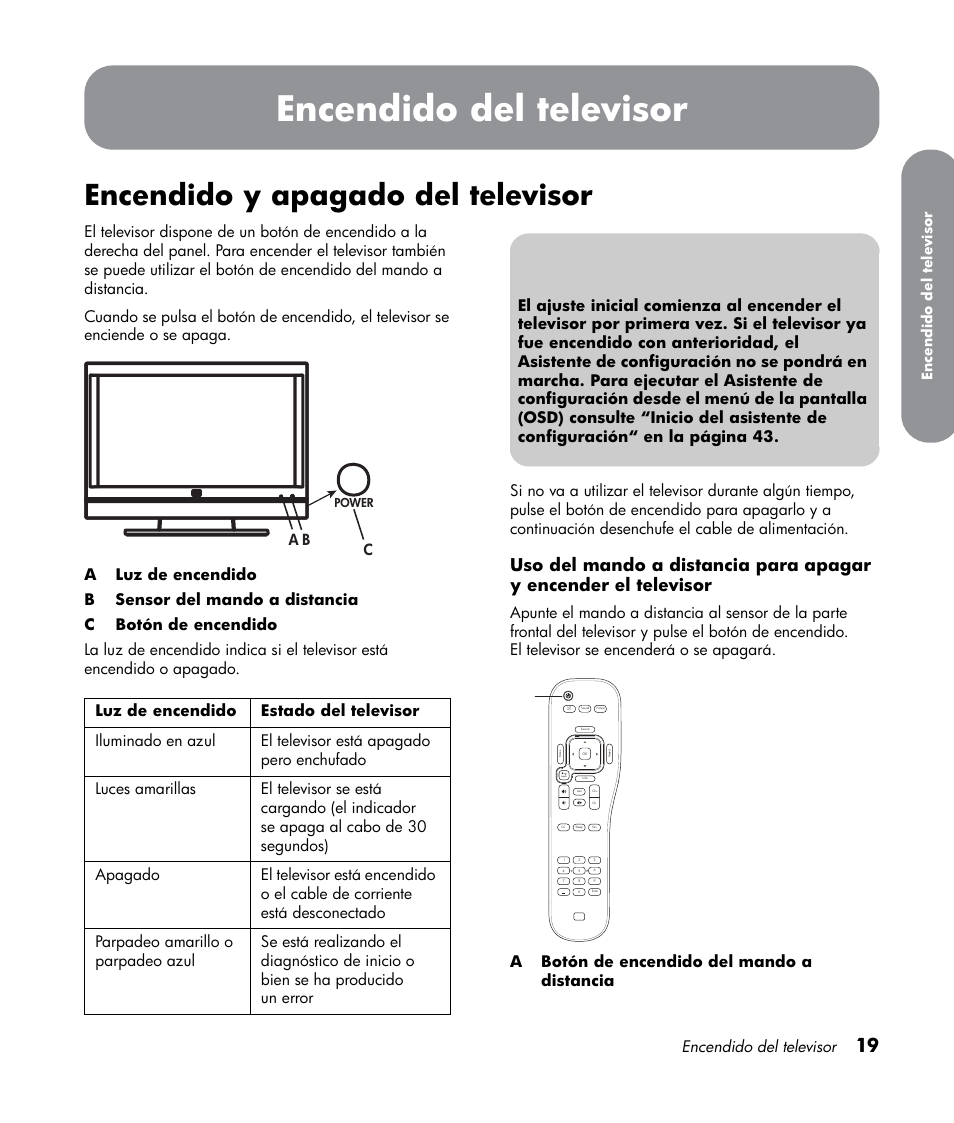 Encendido del televisor, Encendido y apagado del televisor | HP LT3700 User Manual | Page 163 / 200