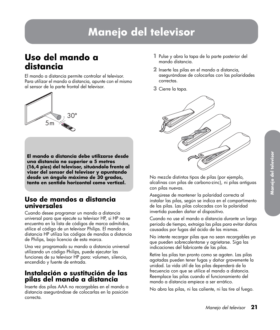 Manejo del televisor, Uso del mando a distancia, Uso de mandos a distancia universales | HP LT3700 User Manual | Page 165 / 200