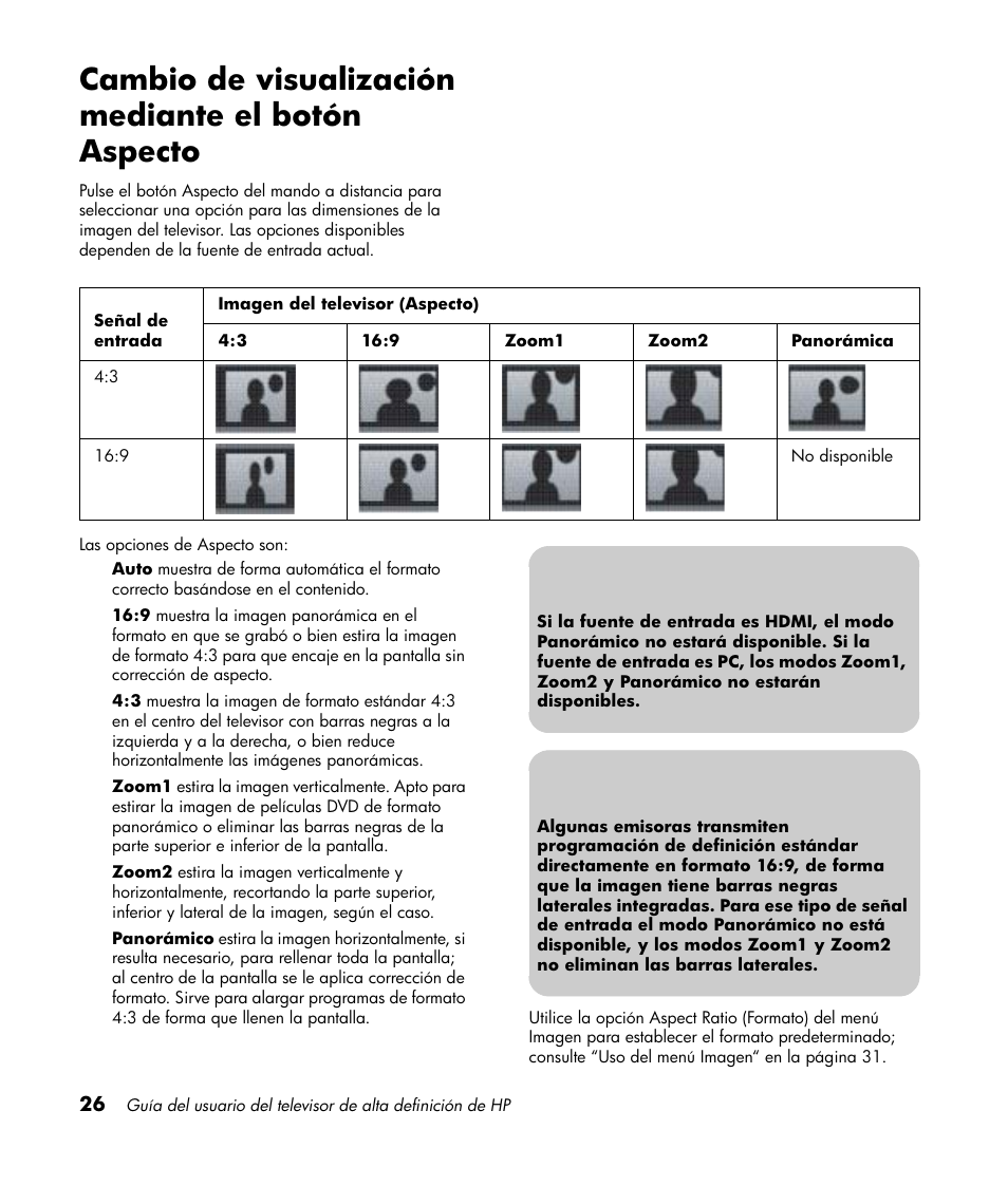 Cambio de visualización mediante el botón aspecto | HP LT3700 User Manual | Page 170 / 200