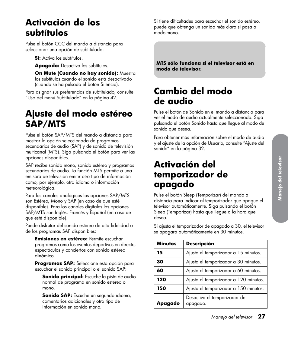 Activación de los subtítulos, Ajuste del modo estéreo sap/mts, Cambio del modo de audio | Activación del temporizador de apagado | HP LT3700 User Manual | Page 171 / 200