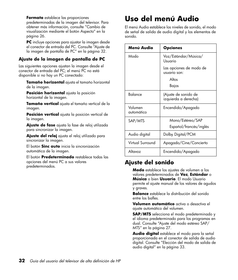 Uso del menú audio, Ajuste del sonido | HP LT3700 User Manual | Page 176 / 200