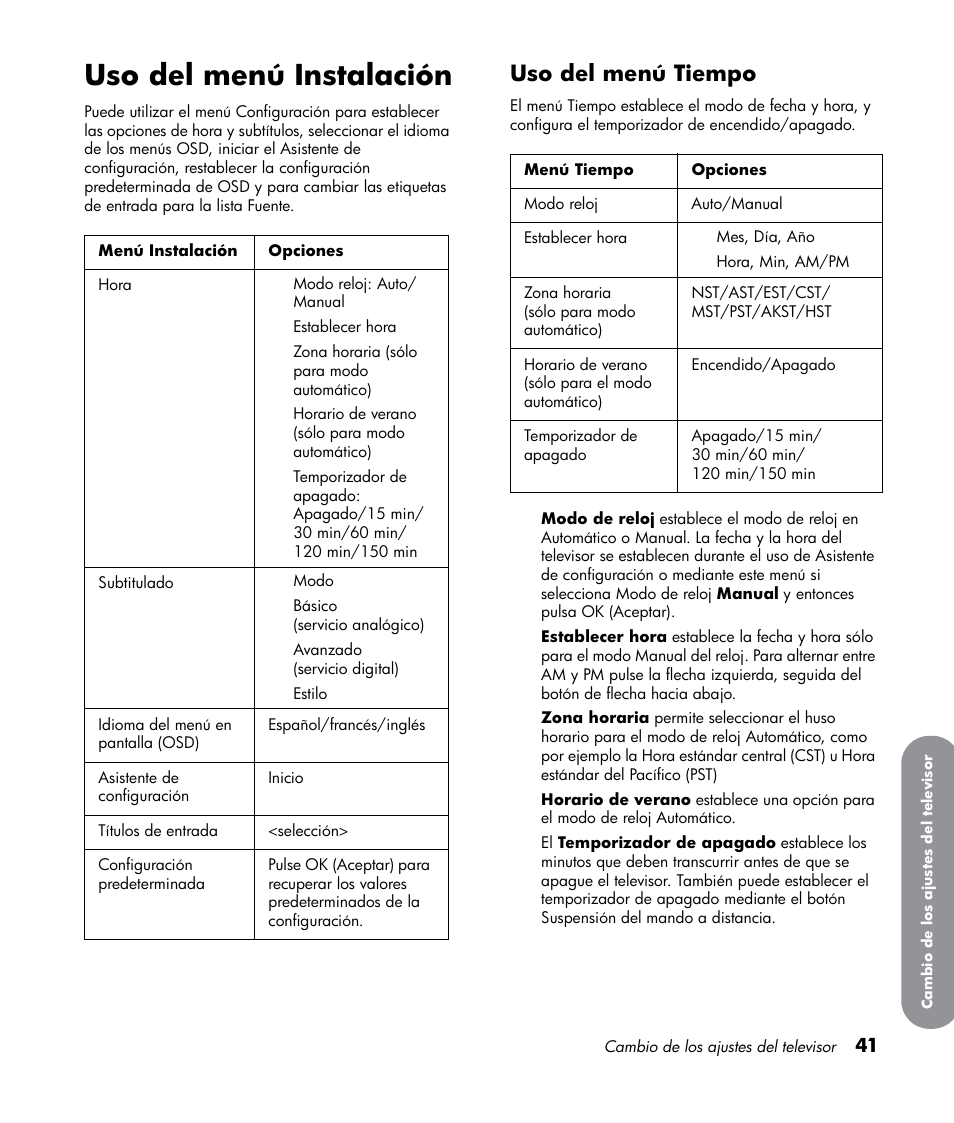 Uso del menú instalación, Uso del menú tiempo | HP LT3700 User Manual | Page 185 / 200