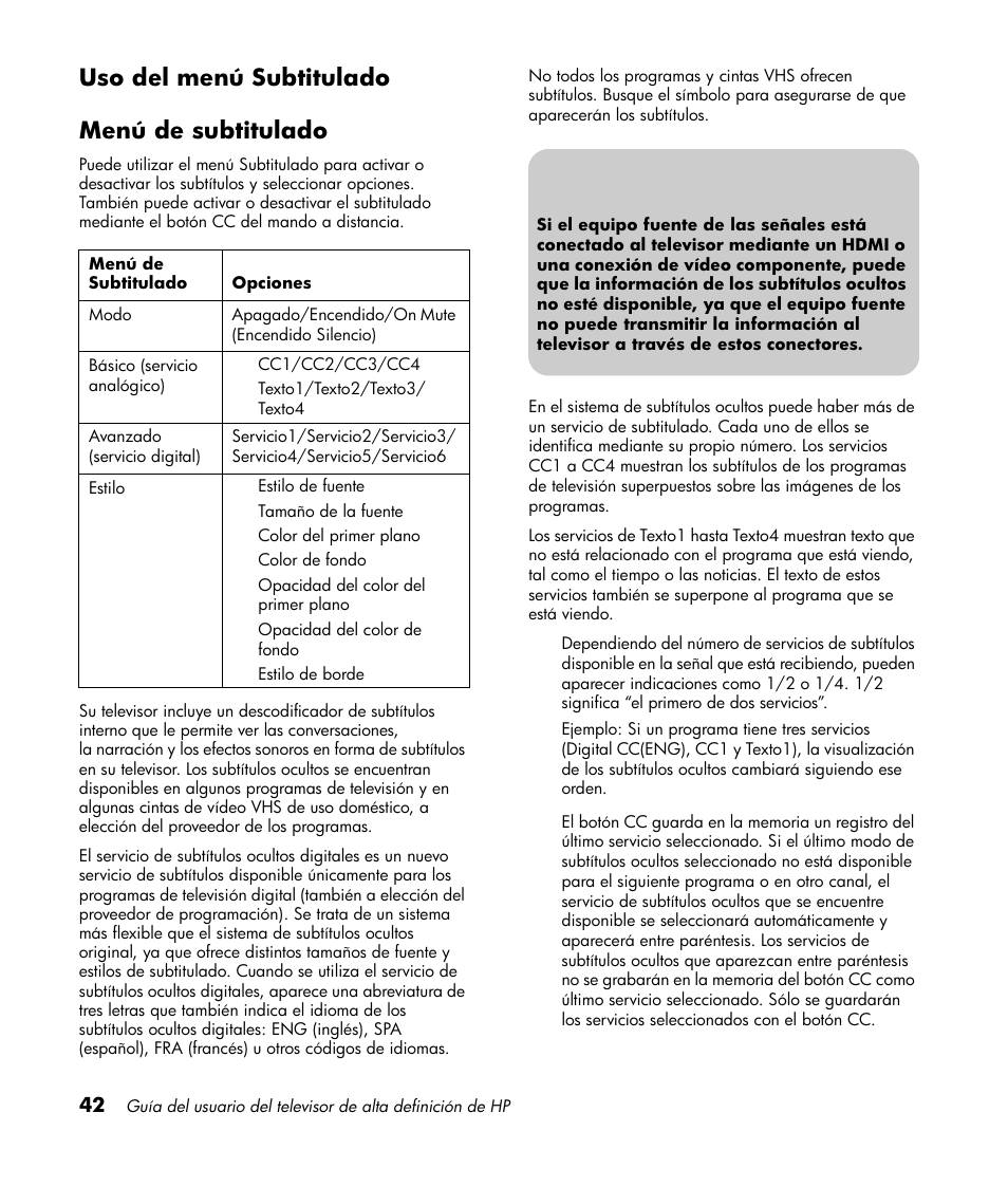 Uso del menú subtitulado, Menú de subtitulado, Uso del menú subtitulado menú de subtitulado | HP LT3700 User Manual | Page 186 / 200