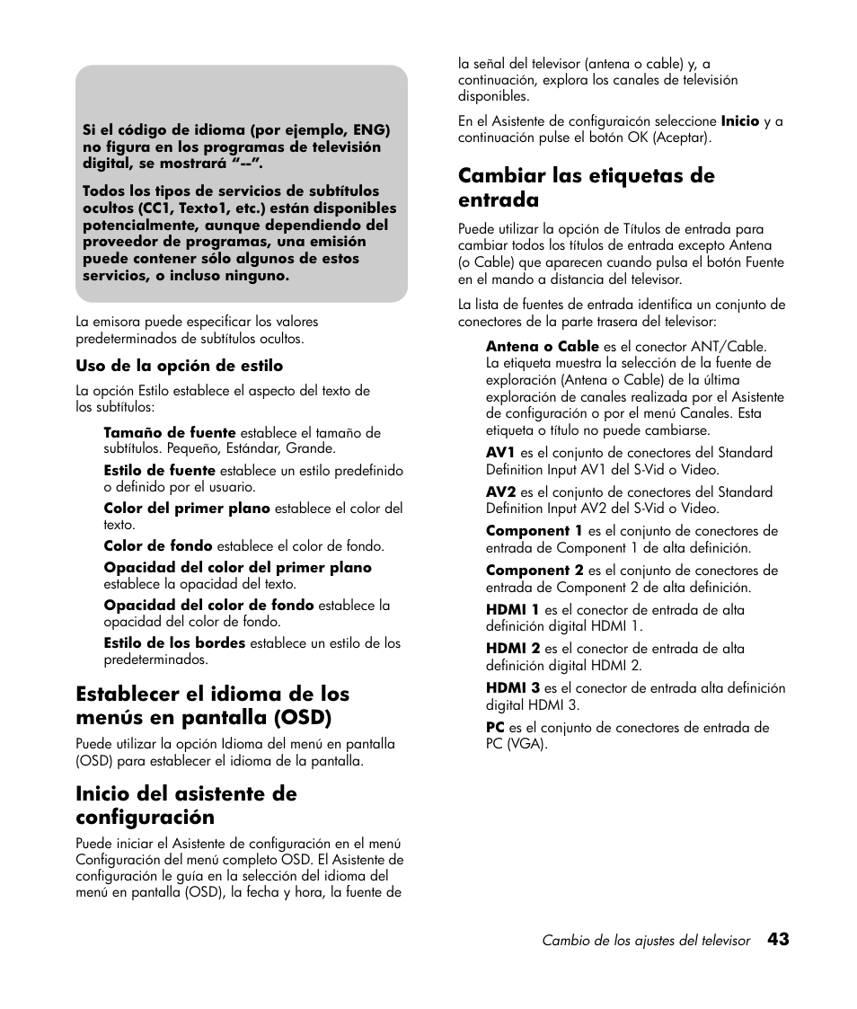 Inicio del asistente de configuración, Cambiar las etiquetas de entrada | HP LT3700 User Manual | Page 187 / 200