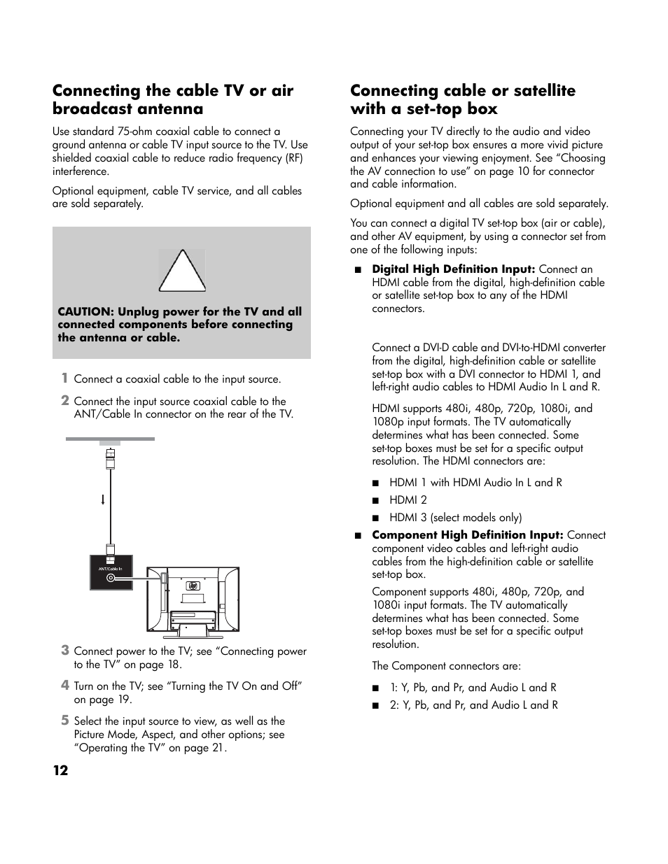 Connecting the cable tv or air broadcast antenna, Connecting cable or satellite with a set-top box, E “connecting | The cable tv or air broadcast antenna” on | HP LT3700 User Manual | Page 22 / 200
