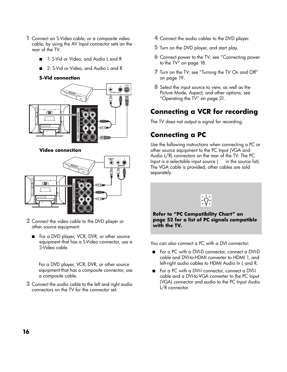 Connecting a vcr for recording, Connecting a pc, Connecting a vcr for recording connecting a pc | HP LT3700 User Manual | Page 26 / 200