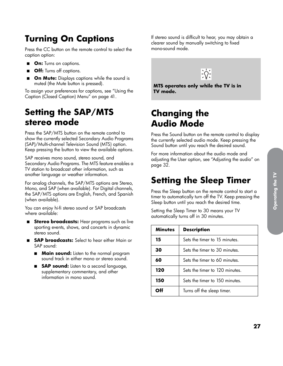 Turning on captions, Setting the sap/mts stereo mode, Changing the audio mode | Setting the sleep timer | HP LT3700 User Manual | Page 37 / 200