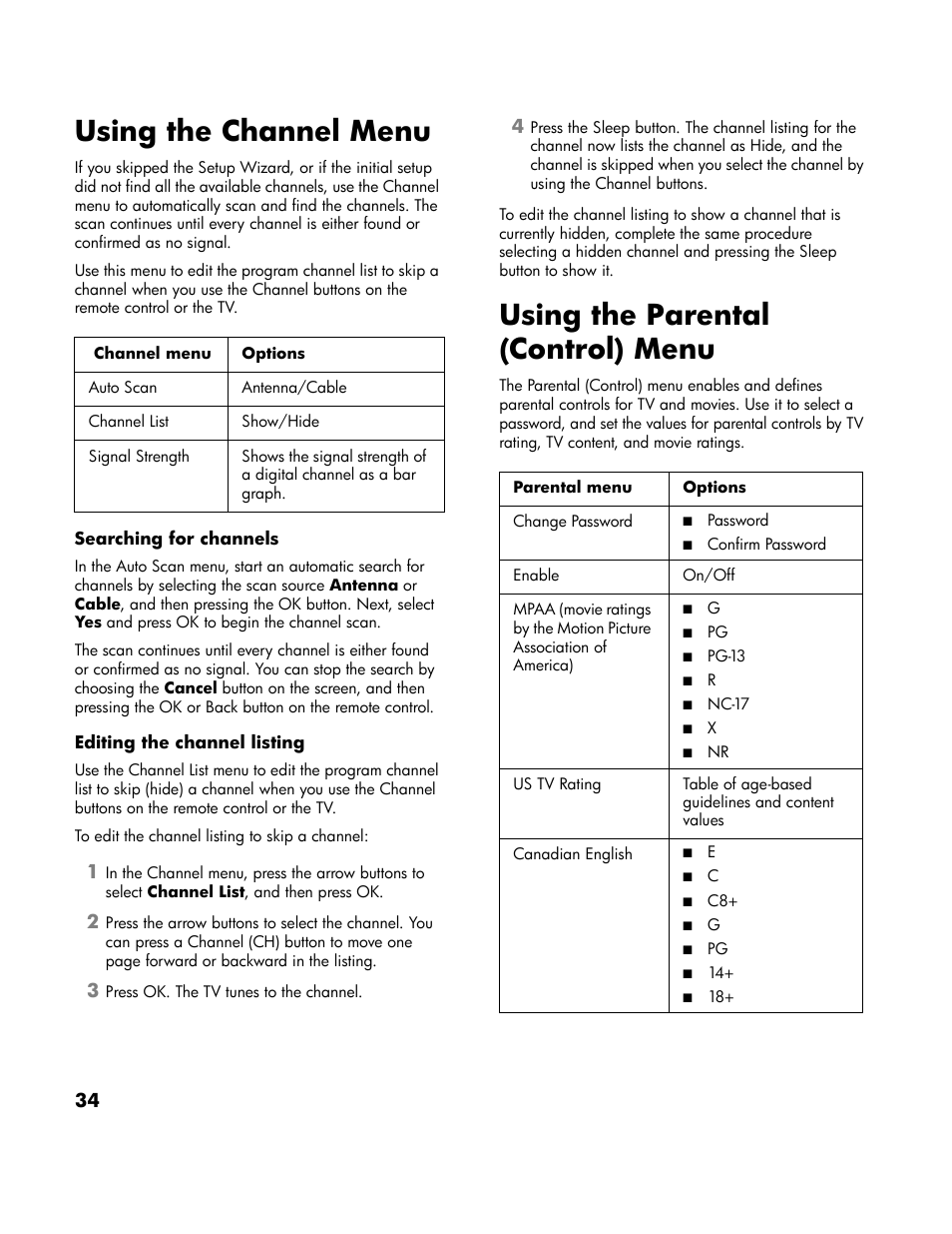 Using the channel menu, Using the parental (control) menu | HP LT3700 User Manual | Page 44 / 200