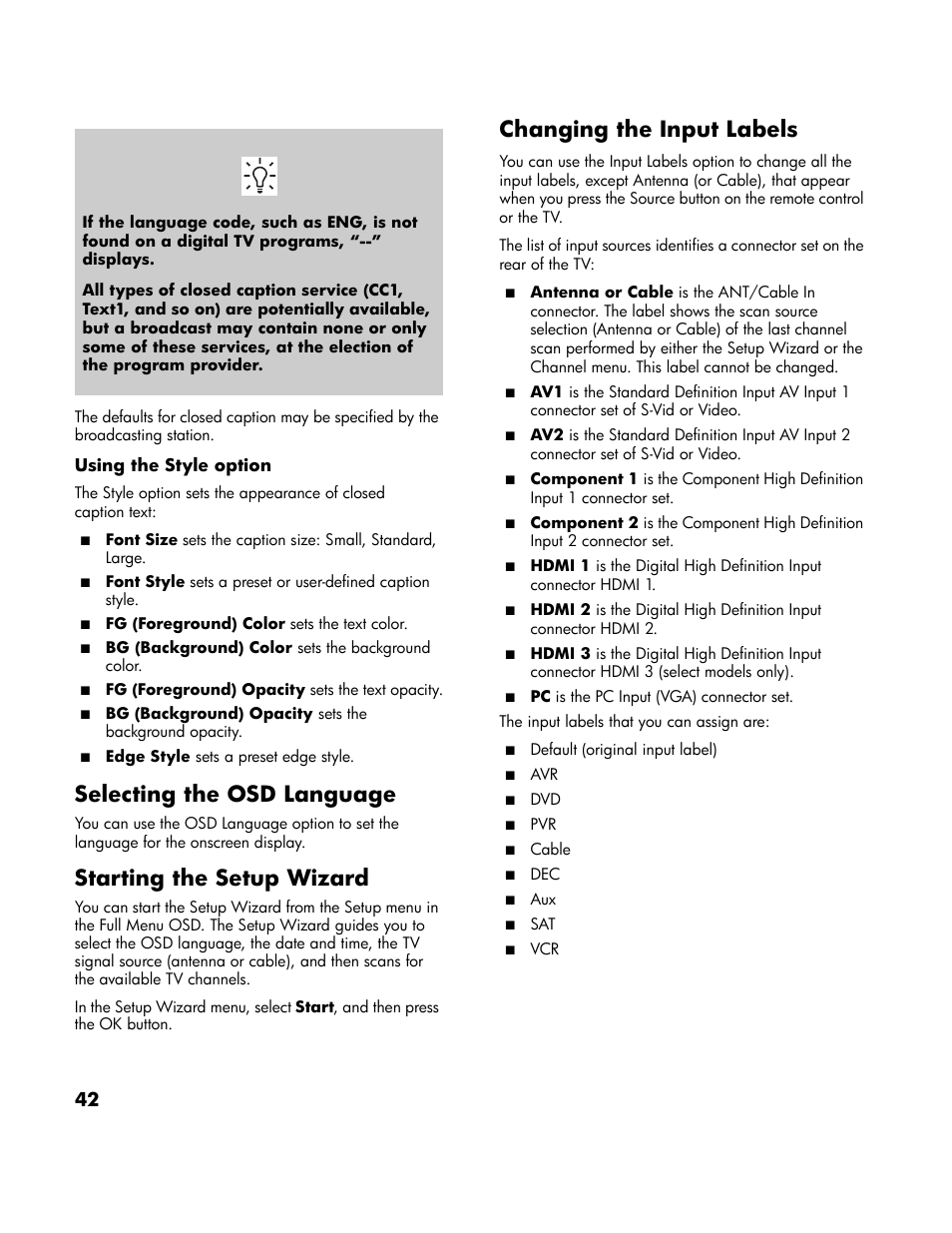 Selecting the osd language, Starting the setup wizard, Changing the input labels | E “starting the setup wizard” on | HP LT3700 User Manual | Page 52 / 200