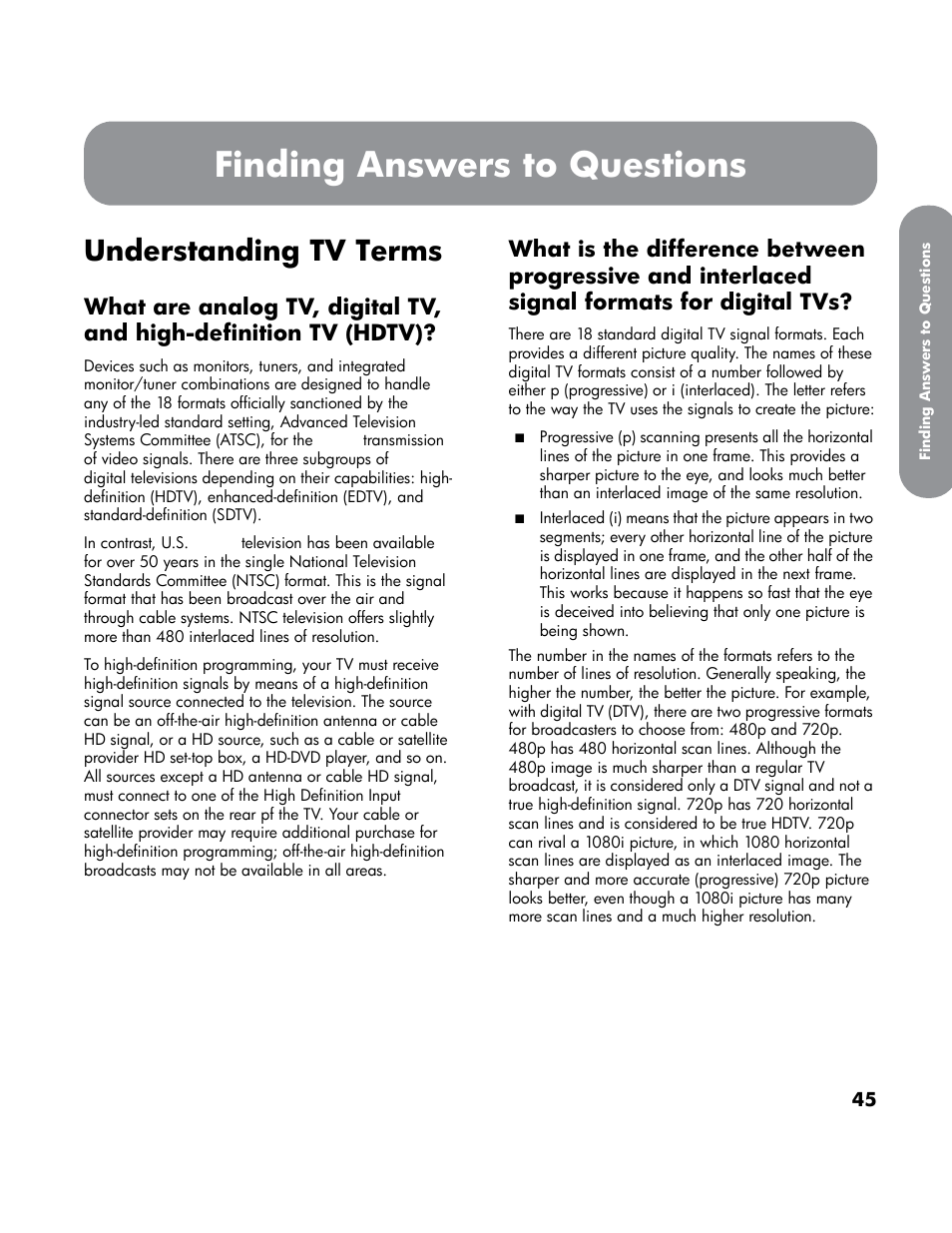 Finding answers to questions, Understanding tv terms, Terlaced signal formats for digital tvs | HP LT3700 User Manual | Page 55 / 200