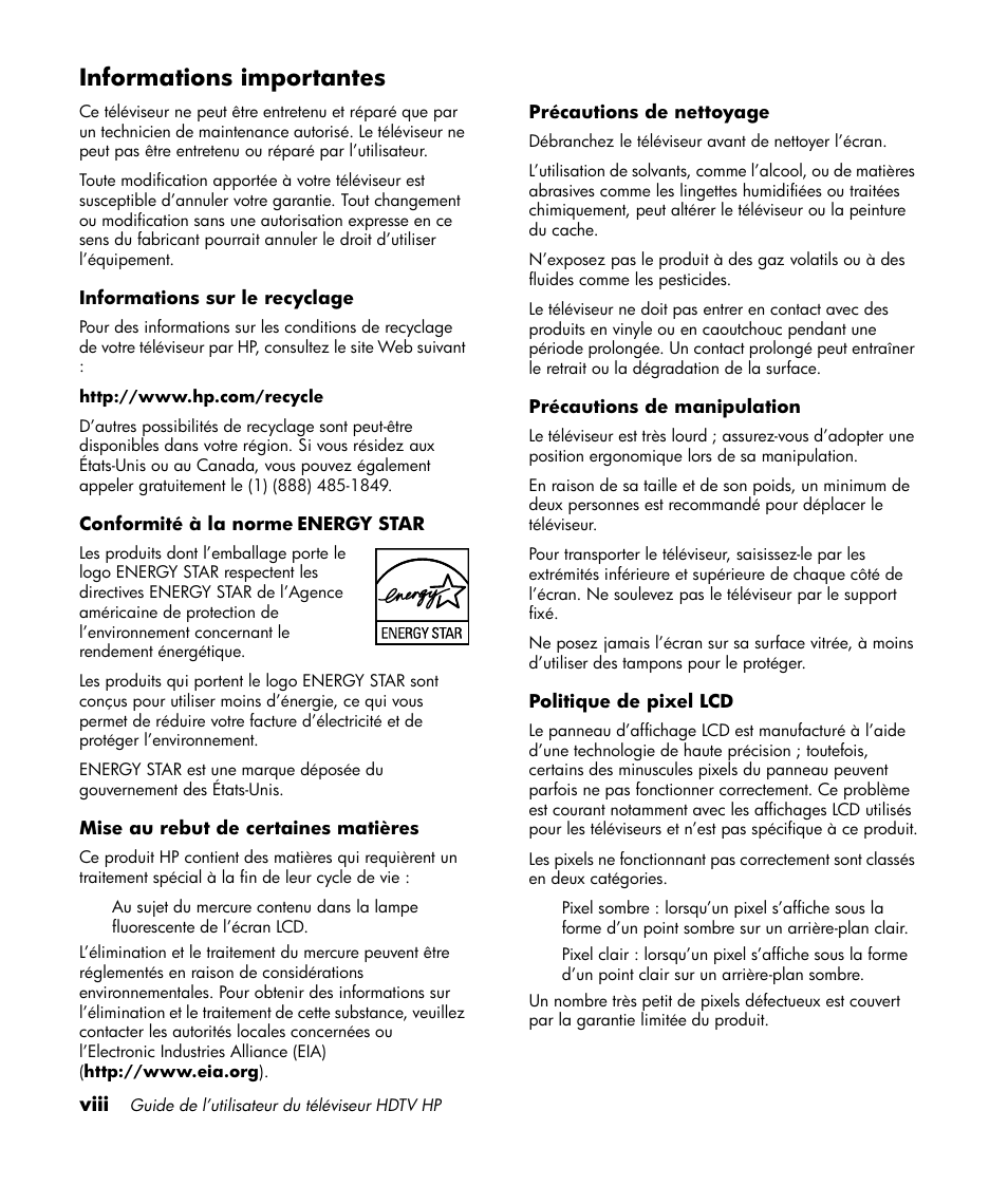 Informations importantes | HP LT3700 User Manual | Page 74 / 200