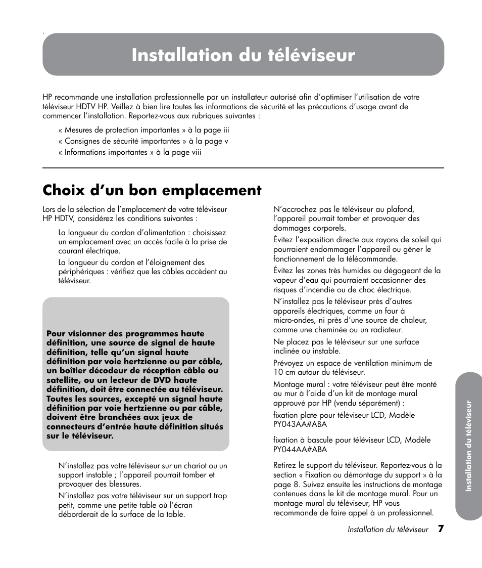 Installation du téléviseur, Choix d’un bon emplacement | HP LT3700 User Manual | Page 83 / 200