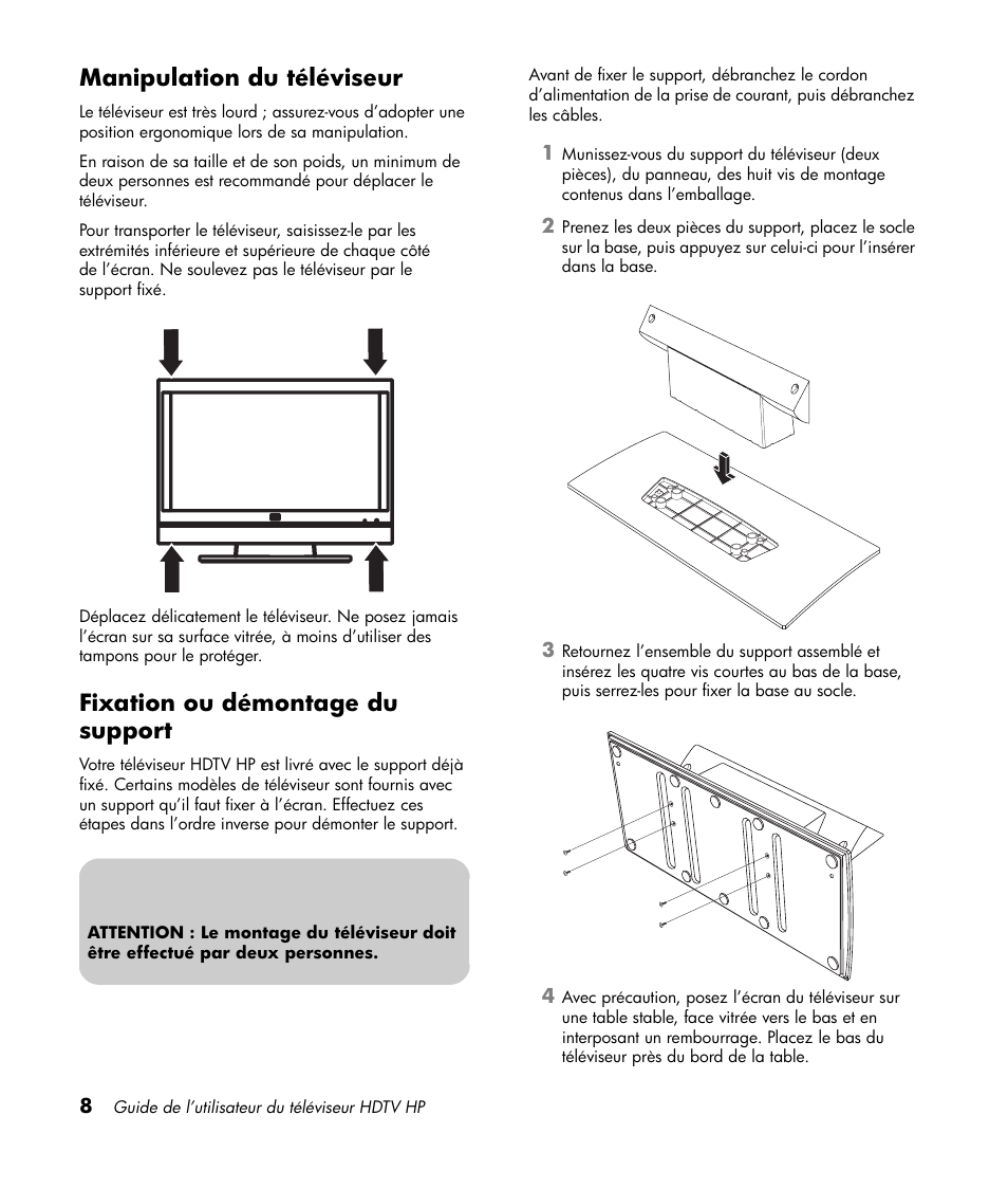 Manipulation du téléviseur, Fixation ou démontage du support | HP LT3700 User Manual | Page 84 / 200