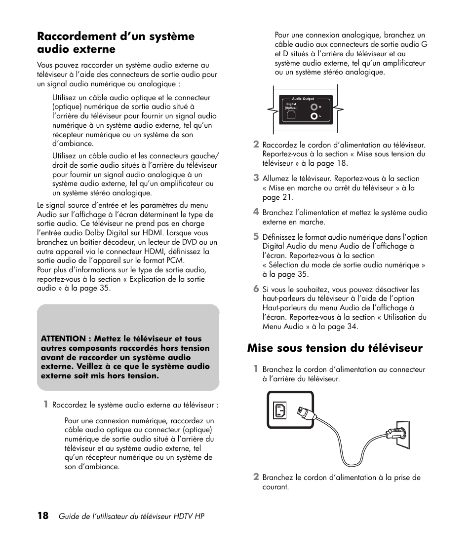 Raccordement d’un système audio externe, Mise sous tension du téléviseur | HP LT3700 User Manual | Page 94 / 200