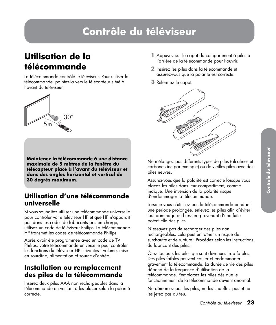 Contrôle du téléviseur, Utilisation de la télécommande, Utilisation d’une télécommande universelle | HP LT3700 User Manual | Page 99 / 200